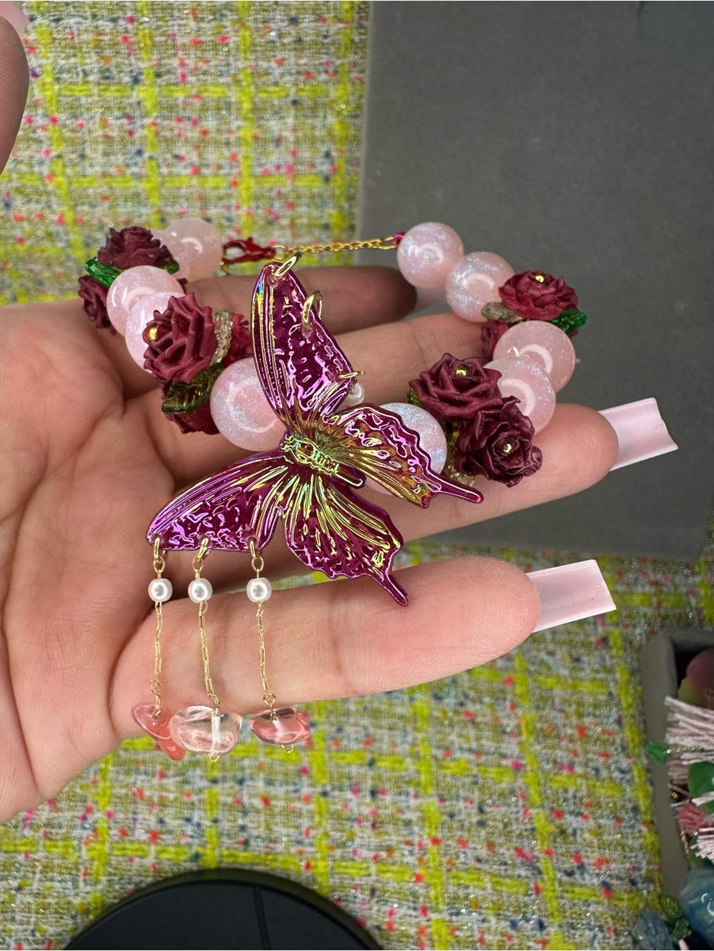 Pink Coral Beaded acrylic flower with Burgundy Rose & Butterfly bracelet
